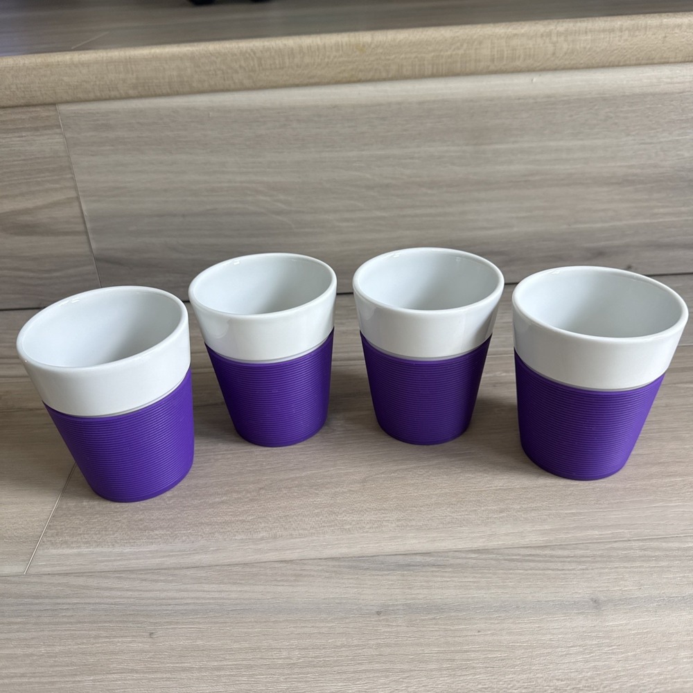 Lot Set Of 4 Bodum Pavina Porcelain Cups With Purple Silicone Grip 10 Oz.